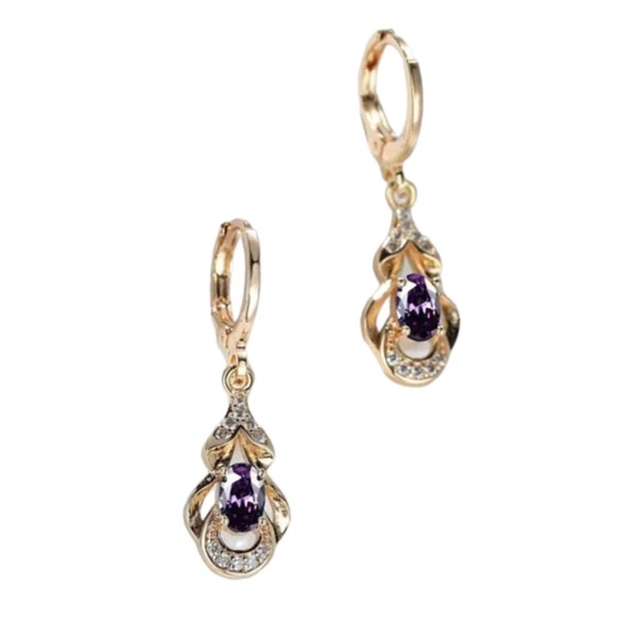 Classic Diamond and Amethyst Gold Toned Leverback Earrings - Picture 2 of 2